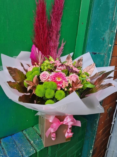 precious pampas - Stunning hand tied bouquet, made with rose gold, pinks and green fresh flowers with some dried pampas grass and dried palm for good measure.