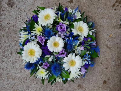 loose posy pad - This posy pad has been made with a selection of flowers including thistle, gerbera, lisianthus, chrysanthemums, status and gypsophilia.