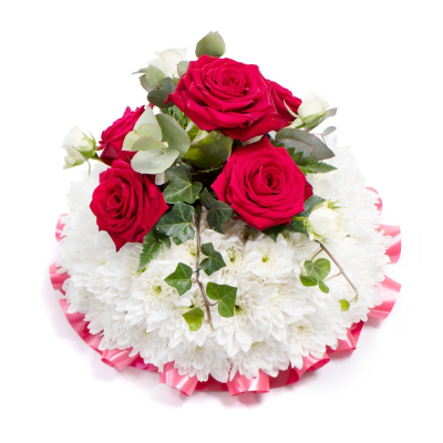 Posy SYM-344 - A delightful funeral posy featuring a white massed base and a red rose spray, handmade by our in-house florists using market fresh flowers.
